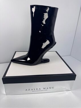 Azalea Wang Glacielle Black Patent Mid-Calf Boots Sculptural Heel Sz 7.5 NIB